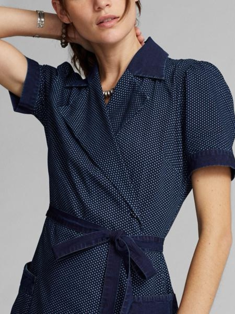 Double RL Ralph Lauren Indigo Polka Dot Cotton Wrap Dress - Picture 9 of 10